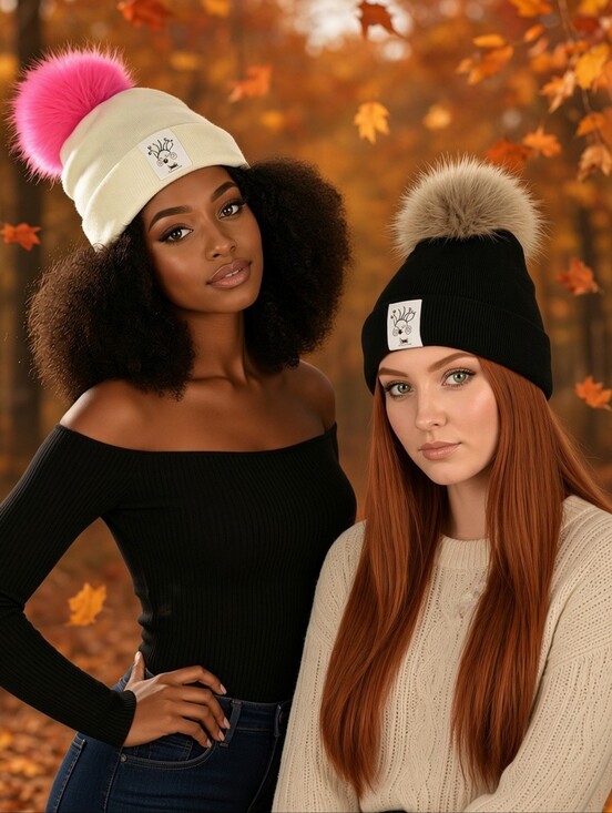 nychula Accessories - Cozy & Cute Pom Pom Beanie Hat - Black and White